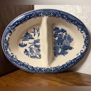 Vintage Churchill Blue Willow Oval Divided Serving Dish